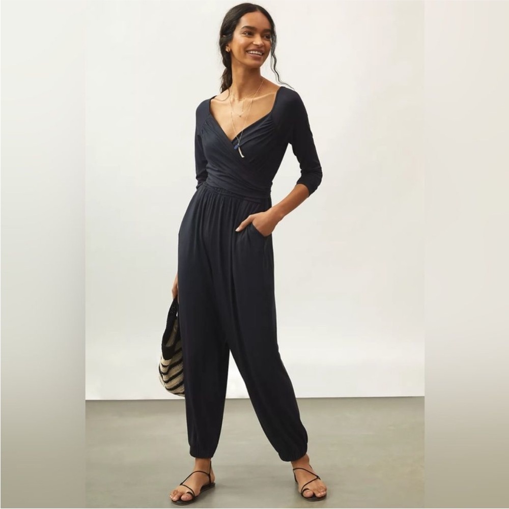 Anthropologie Daily Practice Ruffled Lounge Wrap Jumpsuit Black Size Small